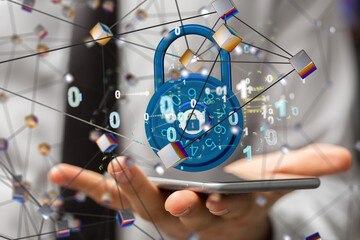 Fototapete - Information technology protected with firewall, secure access and encryption against cyber