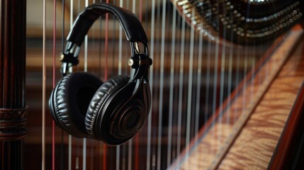 Close-up World Music Day banner with vintage headset headphones, a trumpet, and a retro radio, isolated background, studio lighting