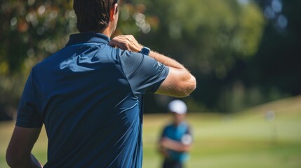 Wall Mural - Golfers stretching arms for game, practice, and competition. Professional golfer, fitness, and male athlete warm up for exterior golfing.