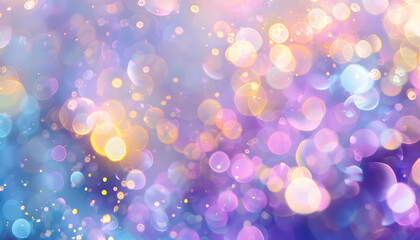 Poster - Abstract background with a dreamy bokeh effect in pastel colors, featuring soft light spots in shades of purple, blue, gold, yellow, white, silver, and pink, creating a whimsical and calming visual