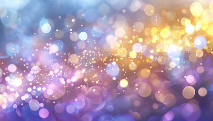 Poster - Abstract background with a dreamy bokeh effect in pastel colors, featuring soft light spots in shades of purple, blue, gold, yellow, white, silver, and pink, creating a whimsical and calming visual