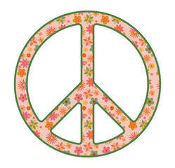 Peace sign with flowers pattern in Groovy style. Floral symbol with retro vintage daisies isolated on transparent background.