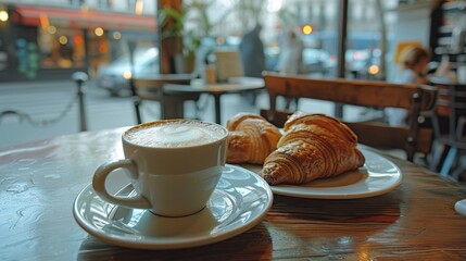 Wall Mural - A cup of coffee and a croissant on a table in a cafe.

