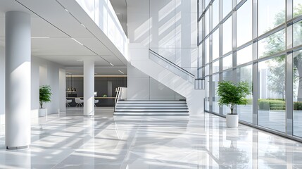 Wall Mural - modern office building interior with staircase and glass windows, white walls, gray floor tiles, and