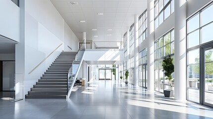 modern office building interior with staircase and glass windows, white walls, gray floor tiles, and