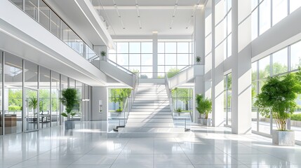 Wall Mural - Modern office building interior with staircase and glass windows, white walls, gray floor tiles, and high ceilings. In the center of the picture is an open space for business activities. 
