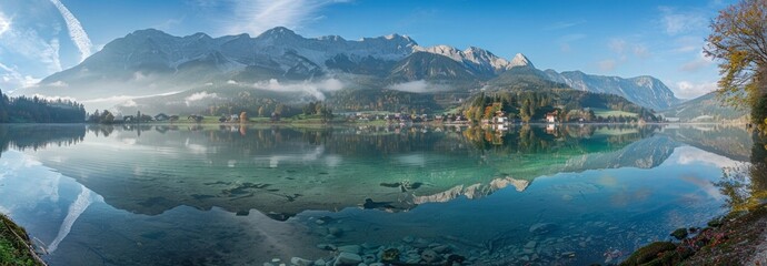 Wall Mural - Panoramic view of the Mountains, reflected in the clear Lake with mist rising from its surface at dawn