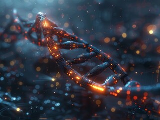 DNA with glowing auspicious symbols in the background. Double helix of DNA with glowing outer strands. Digital art of DNA strands and chemical structure.