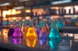 © JP STUDIO LAB - Frontal view, photorealistic image of a lab experiment, detailed glass beakers filled with colorful chemicals, soft lighting reflecting on lab equipment, high resolution