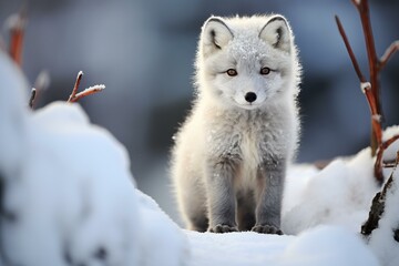 Young arctic fox surrounded by snowy scenery, showcasing its winter coat