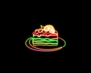 Wall Mural - Neon light glow of sliced cake lineart. Continuous one line drawing of sliced cake. 