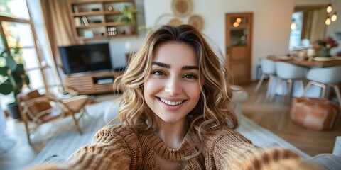 Sticker - Happy young woman taking selfie in modern living room. Concept Indoor Photoshoot, Selfie, Woman, Modern Living Room, Happy