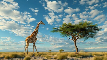 Wall Mural - Giraffe with acacia tree on african savannah in Amboseli Kenya,