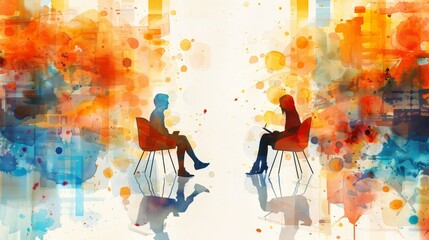 Two watercolor painted people sitting on chairs, having a conversation.