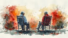 Two Elderly People Are Sitting In Rocking Chairs On A Porch. The Background Is A Watercolor Wash Of Red, Orange, And Yellow.