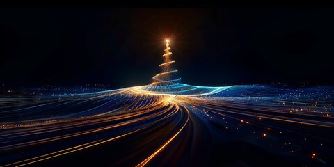 abstract gold light lines in the shape of an isolated christmas tree on a black background, a digital art illustration in the style of a long exposure camera and a starry night sky with streaks of lig