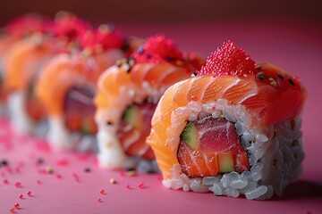 Wall Mural - A single sushi roll with tuna and wasabi, placed on a pink background