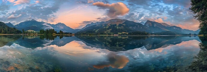 Wall Mural - A panoramic view of the lake, reflecting the surrounding mountains and sky at dawn