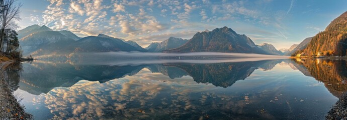 Poster - A panoramic view of the lake, reflecting the surrounding mountains and sky at dawn