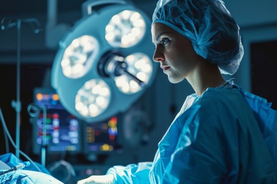 A female doctor in the operating room operating, A healthcare professional using robotic technology surgical assistance, AI generated