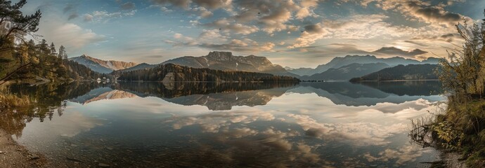 Wall Mural - A panoramic view of the lake, reflecting the surrounding mountains and sky at dawn