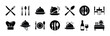 © Vilogsign - Catering icon set. Containing fork, spoon, knife, plate, cloche, tray, chef hat, beverage, food, dining table, and waiter. Cutlery or tableware in restaurant. Vector illustration