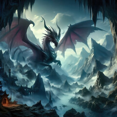 Wall Mural - Generative AI, Fantasy dragon nestled within a hidden cave in stunning mountains. The dragon, with its shimmering scales and fiery eyes, adds a mystical aura to the already captivating landscape.