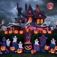 Wall Mural - Halloween background with pumpkins and haunted house - 3D render. Halloween background with Evil Pumpkin. Spooky scary dark Night forrest. Holiday event halloween banner background concept. Generative