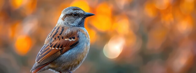 close up sparrow bird with bokeh light of summer park with copy space