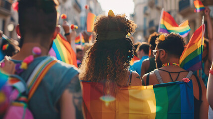 Wall Mural - A group of people with rainbow umbrellas at a pride parade