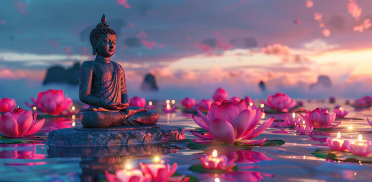 buddha statue in background with lotus flowers and candles