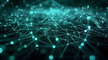 Abstract digital network background with glowing nodes and connecting lines. Futuristic technology concept with green and black gradient.
