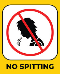 Sticker - No spitting icon sign poster banner illustration isolated on vertical yellow background. Simple flat cartoon art styled drawing for poster prints.