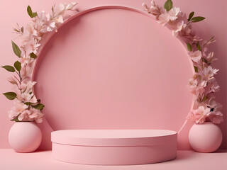 Sticker - empty podium for product presentation with pink round floral background