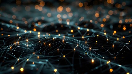 Abstract digital network connections with glowing dots on a dark background. Futuristic technology, 3D rendering, big data visualization.