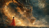A woman wearing a red dress stands facing a dragon in a dramatic encounter, set against a unique artistic ink painting background