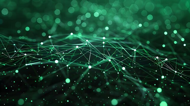 Abstract green digital network background with futuristic connections and glowing dots. Concept of technology, data, and neural networks.