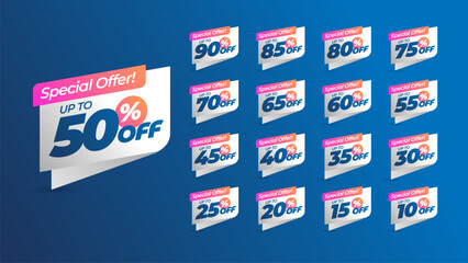 special offer discount with different value percent off. 90, 85, 80, 75, 70, 65, 60, 55, 50, 45, 40,