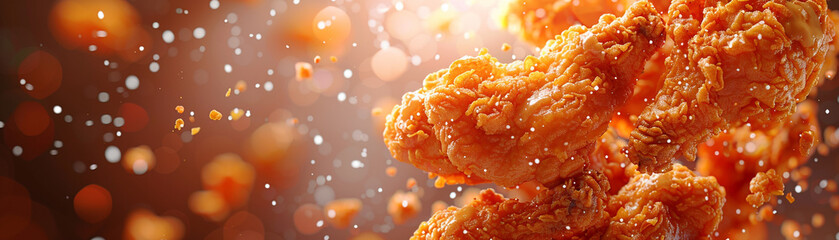 Close-up of crispy, golden fried chicken wings with bokeh background. Perfect for food advertisements and culinary presentations.
