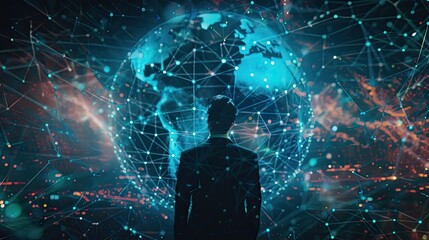 Wall Mural - Businessman, night or vr global network hologram for digital future technology, big data or virtual reality. Dark office, globe overlay or person in futuristic metaverse world