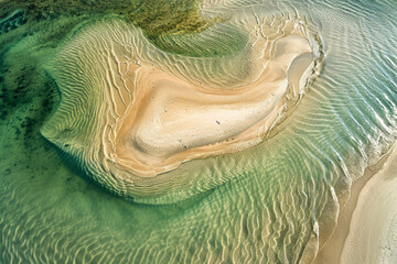 Wall Mural - Aerial view of a sandbar in shallow, clear water, highlighting the natural curves and the interplay of light and shadow on the sand. Emphasize the simplicity and beauty of the scene. 