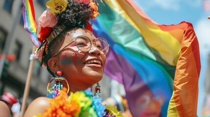 Wall Mural - A person with a rainbow flag draped over their shoulders at a pride parade