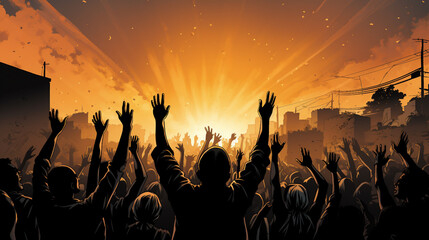 Wall Mural - Dynamic Urban Crowd Illustration with Raised Hands in a Vibrant Cityscape Background