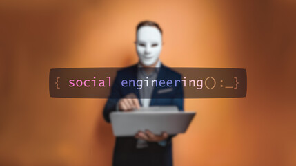 Cybersecurity concept social engineering on foreground screen, hacker silhouette hidden with low poly mask. Vulnerability and attack on colored code editor. Text in English, English text