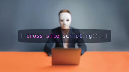 Cybersecurity concept cross-site scripting on foreground screen, hacker silhouette hidden with low poly mask. Vulnerability and attack on colored code editor. Text in English, English text