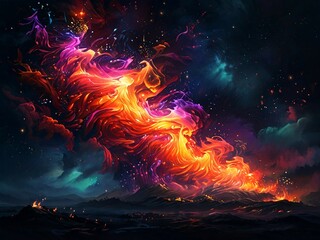Wall Mural - Abstract auroras burst forth like cosmic fireworks, painting the night sky with mesmerizing hues