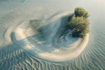 Wall Mural - Aerial view of a sandbar in shallow, clear water, highlighting the natural curves and the interplay of light and shadow on the sand. Emphasize the simplicity and beauty of the scene. 