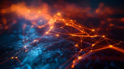Futuristic network connections with glowing nodes in vibrant orange and blue hues, representing advanced technology and digital communication.