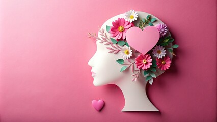 Wall Mural - Paper cut woman head with flowers and heart shape on pink paper background