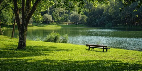 Wall Mural - A park bench against the background of water. Daytime